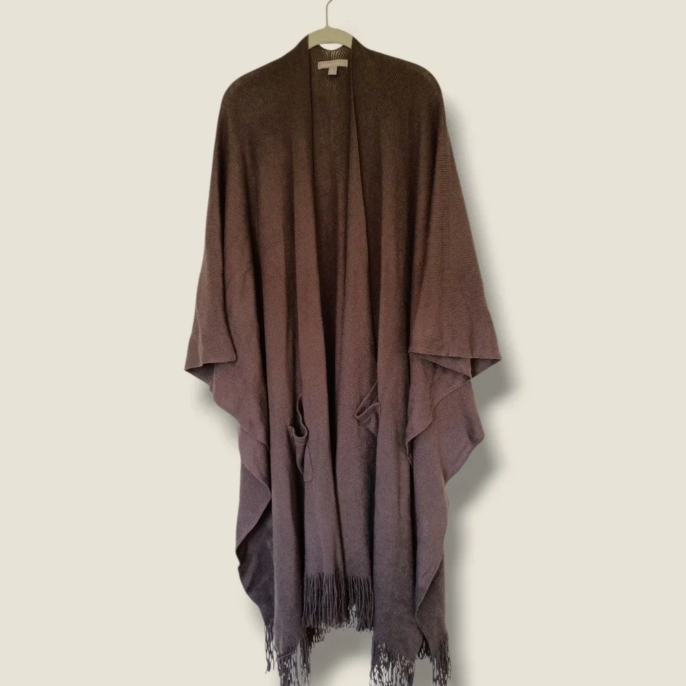 Woman Within Brown Open Front Fringe Hem Poncho Cape Pockets Oversized Cabincore